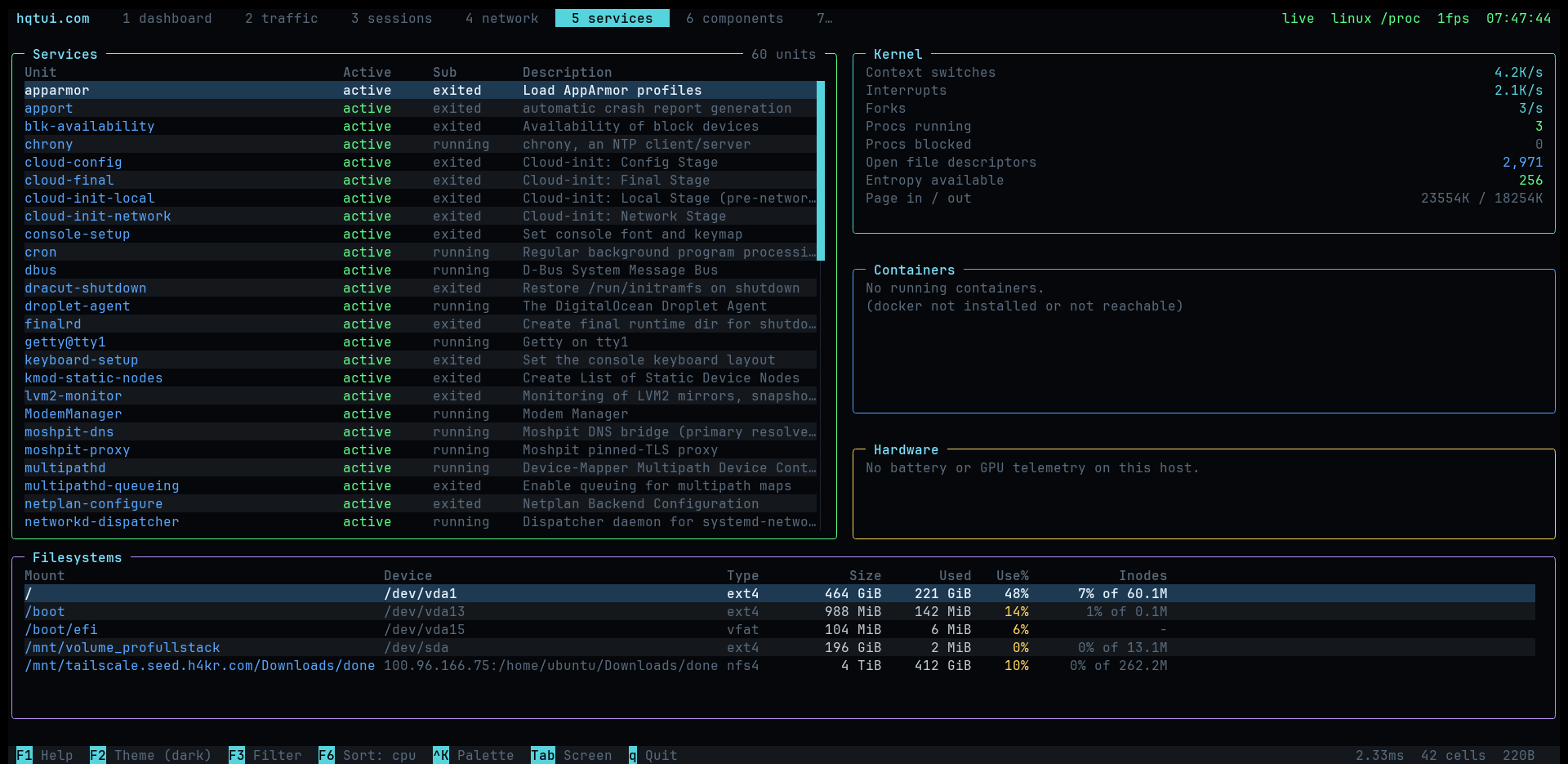 HQTUI Services screen